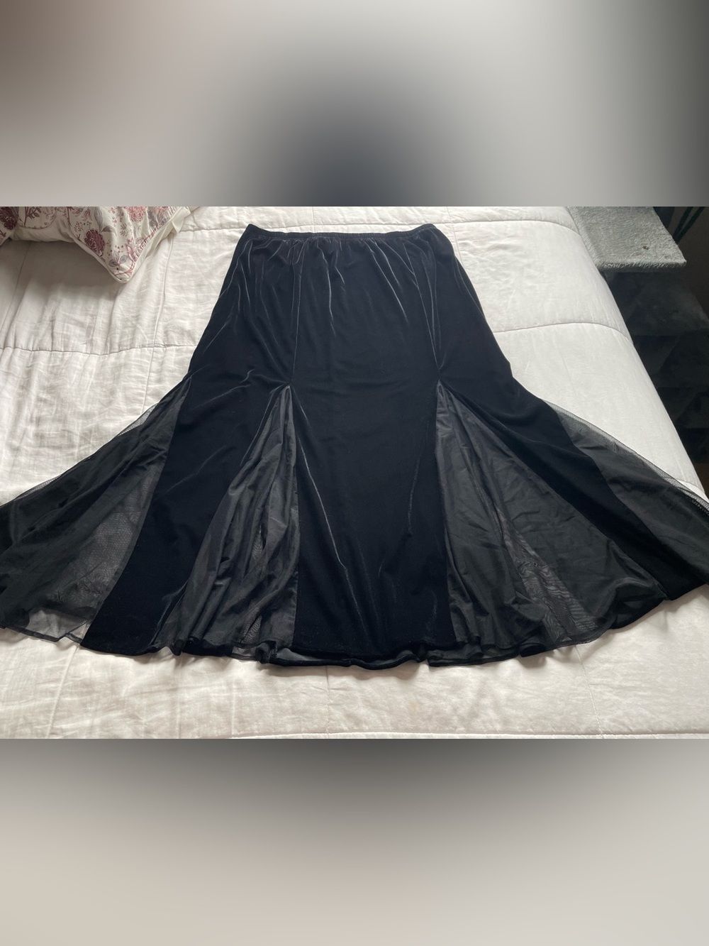 Vintage Black Velvet Pull On Sheer Mesh Panel Midi Maxi Skirt 16 Whimsigoth 90s